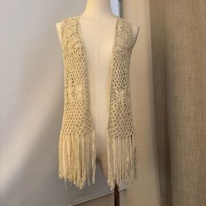 Boho Knit Fringe Vest / Cardigan, Milk Color, Size S–M